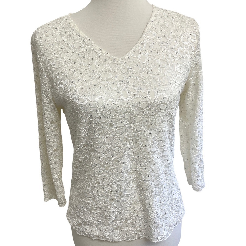 Brittany Black Lace Sequin Top Womens Size M Ivory White 3/4 Sleeve V-Neck